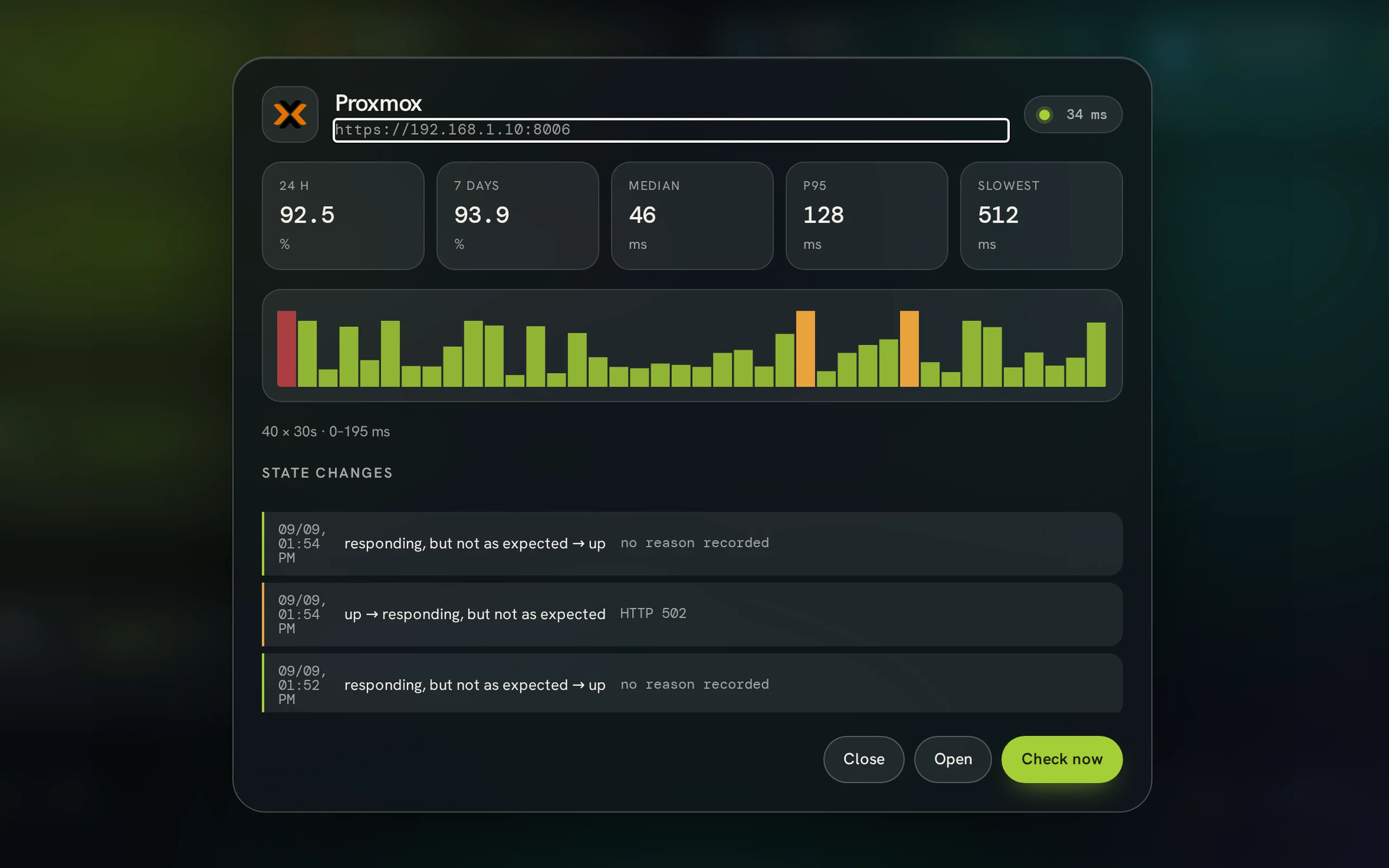Shy Garlic service detail: uptime, latency percentiles and state changes
