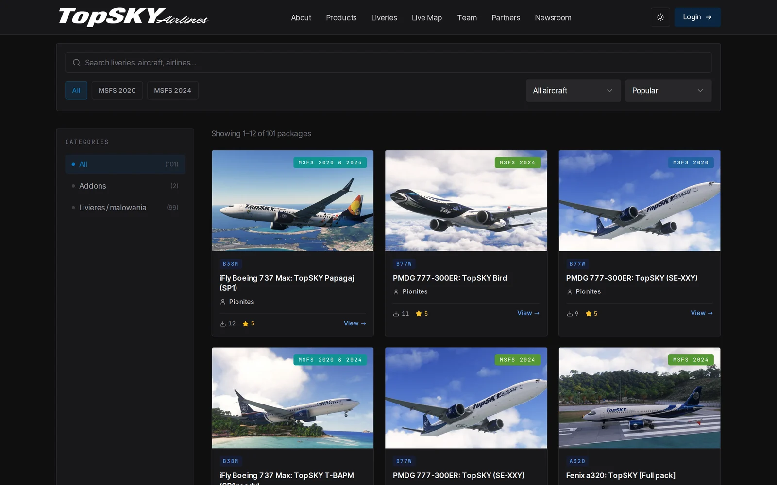 TopSky livery library with 101 packages filterable by simulator and aircraft